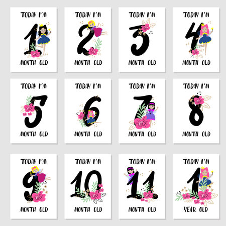 Baby milestone cards with flowers and numbers, fairys. Baby shower printのイラスト素材