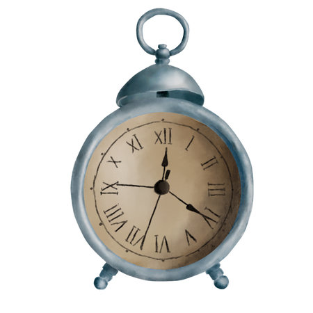 Antique alarm clock on a white background. The school alarm clock. Hand-drawn in Photoshop,...