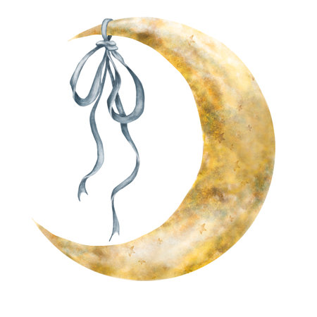 A crescent moon with a beautiful bow. Watercolor illustration of a yellow crescent for children's design. Cute bow, blue ribbon. Pastel colours. Elements of a children's room. Digital images in watercolor style.の写真素材