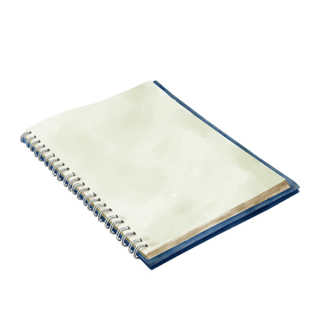 A blue notebook with blank pages. The booklet is on a spiral. An empty open book. Watercolor illustration highlighted on the background. A school notebook.の写真素材