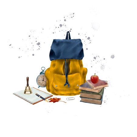 School backpack and textbooks. Back to school composition. Watercolor illustration. Blue and yellow colors. Stack of books, school bell, notebook, pen, leaves, alarm clock and ink blots.の写真素材