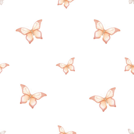 Delicate pastel colored butterflies Flying, elegant butterflies and moths. Watercolor illustration in digital style Seamless pattern repeating the ornament on a white background. Suitable for textilesの写真素材