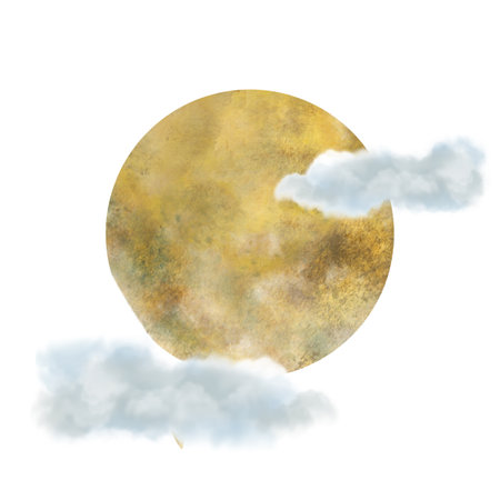 Full moon in watercolor on a white background. Hand-painted in yellow and orange watercolor in the shape of a circle. Watercolor illustration. The sun and clouds. Celestial clipart Lunar, solar clipartの写真素材