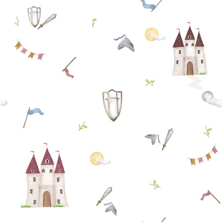 Fairytale castle with flags in seamless pattern. Knights shield and sword next to it. Flags flutter in the wind. Watercolor illustration in digital. Sun over the castle. Isolated on white backgroundの写真素材