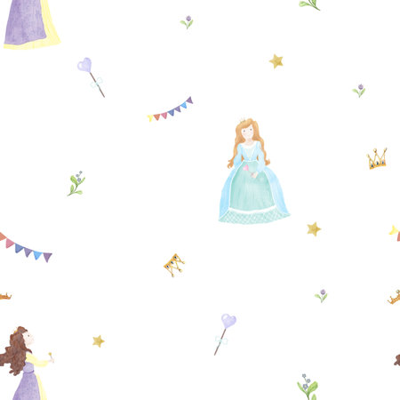 Fairytale princesses in beautiful dresses on a seamless pattern. Magic hearts and golden crowns. Watercolor illustration in digital. Cute flowers and flags around the girl Isolated on white backgroundの写真素材