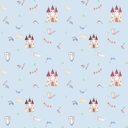 Fairytale castle with flags in seamless pattern. Knights shield and sword next to it. Flags flutter in the wind. Watercolor illustration in digital. Sun over the castle. Isolated on white backgroundの写真素材