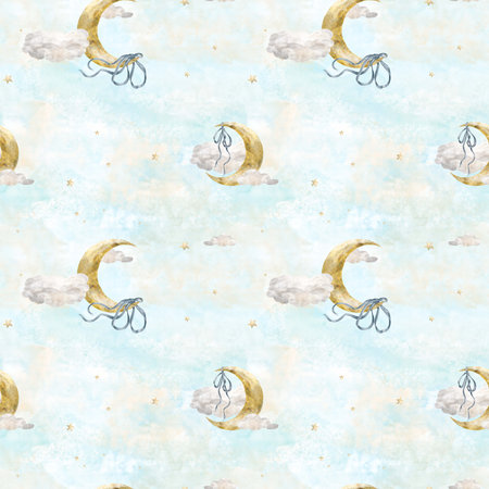 Crescent moon with a blue bow on a seamless pattern. Watercolor illustration in digital. Cute crescent moon in fluffy clouds, isolated on white background. Flirty bow, blue ribbon.の写真素材