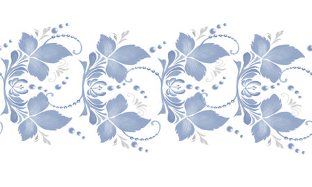 Blue leaves and twigs on a horizontal seamless border. Russian style ornament element isolated on...