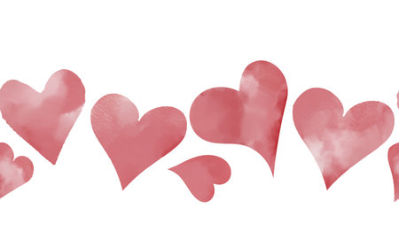 Cute pink hearts on seamless pattern. Pink and red valentine hearts isolated on white background. Watercolor digital illustration. Romantic border with hearts for first birthday and Valentines Day.の写真素材