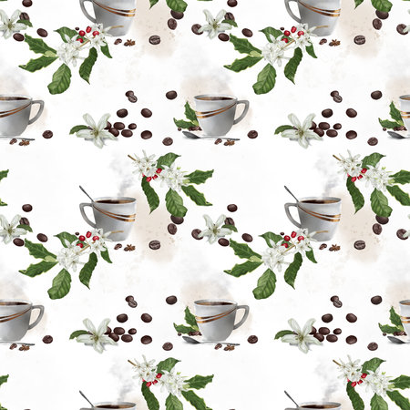 Green twigs and leaves, red coffee berries, seamless pattern. Digital illustration in watercolor style. Coffee tree flowers and cups with a gold border, isolated on a white background. Spoon and saucer, roasted coffee beansの写真素材