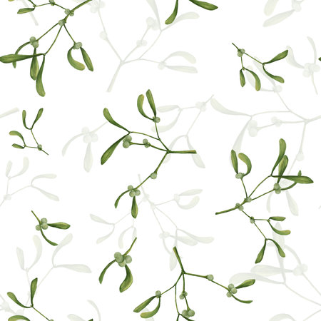 Cute mistletoe branch with green leaves. Watercolor illustration in digital. Mistletoe branch with berries. Botanical illustration, isolated on background. Winter and Christmas theme, seamless patternの写真素材