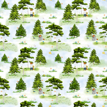 Fox cub sleeps under the tree, on a seamless pattern. Watercolor digital illustration. Green pine trees and fir tree on a clearing, isolated on a white background. Fox cub with a ball near a pine treeの写真素材
