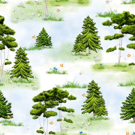 Green coniferous forest and meadows with flowers and butterflies. Seamless pattern.. Watercolor digital illustration. Green pines and fir trees on a meadow, isolated on a white background.の写真素材
