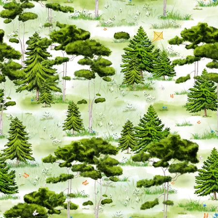Green coniferous forest and meadows with flowers. Seamless pattern. Watercolor digital illustration. Slender pines and firs among bushes and grass isolated on white background. Kite in the skyの写真素材