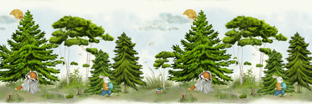 Fluffy fir trees and pines on a seamless border. Watercolor digital illustration. A fox sleeps under a fir tree, a bunny with a balloon walks through the forest. Meadows isolated on a white backgroundの写真素材
