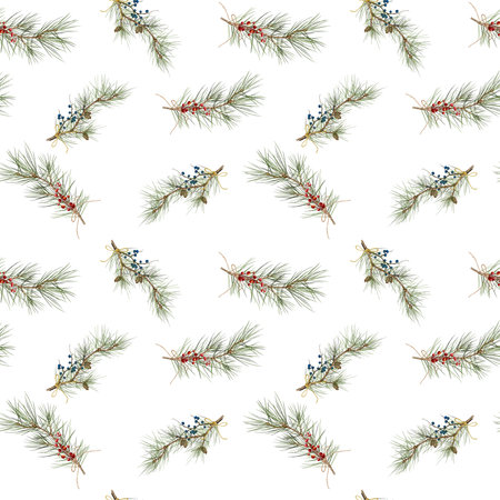 Fir branch and winter berries. Seamless pattern. Watercolor digital illustration. Pine tree with red and blue berry sprigs isolated on white background. Christmas bouquet tied with twine.の写真素材