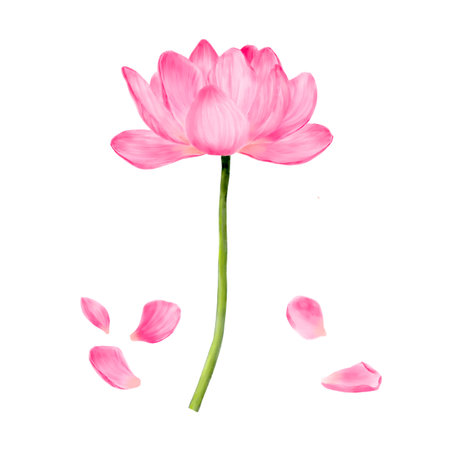 Lotus flower with pink petals. Watercolor digital illustration. Indian lotus (Nelumbo nucifera) with yellow stamens, isolated on white background. For spa and zen themeの写真素材