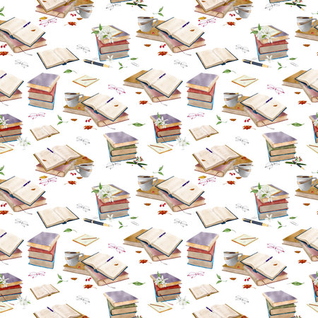Stack of books and open book, autumn leaves and flowers next to them on seamless pattern. Watercolor digital illustration. Green leaves, glasses and cup of coffee on books isolated on white backgroundの写真素材