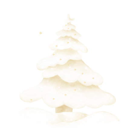 A snowy Christmas tree in a simplified style. Watercolor illustration. The coniferous tree in the snow is isolated on a white background. Fluffy pine in beige children's shades with small starsの写真素材