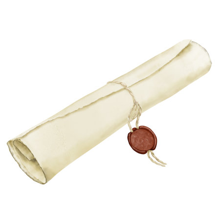 Scroll of old parchment paper, tied with twine and sealed with wax seal. Watercolor digital...