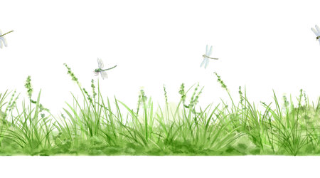 Green grass and lush bushes on seamless pattern. Watercolor digital illustration. Spring greenery and nature landscape isolated on white background. Dragonflies in summer thicketsの写真素材