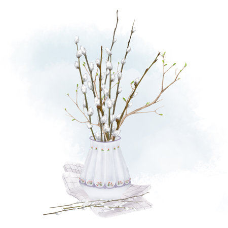 Cute willow branches with fluffy buds in a porcelain vase. Watercolor digital illustration. A bouquet of spring Easter greenery stands on a linen napkin, isolated on a white background.の写真素材
