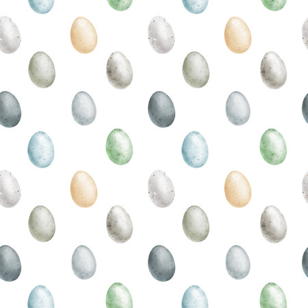 Delicate Easter eggs on seamless pattern. Watercolor digital illustration. Pink, blue, green and yellow eggs with cute spots isolated on white background. Spring and Easter themeの写真素材