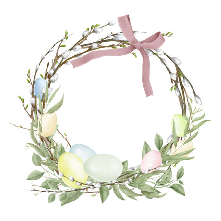 Pussy willow wreath and spring twigs with easter eggs. Watercolor digital illustration. Round easter pussy willow frame with fluffy buds and bow isolated on white background. Spring and Easter theme,の写真素材