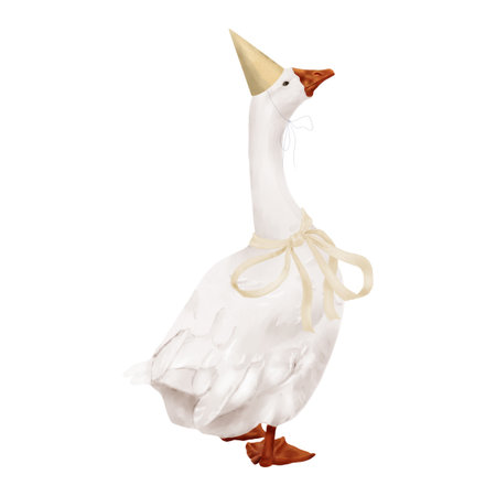 White domestic goose in a festive cap and with a beige bow. Watercolor digital illustration. Cute farm bird, gosling isolated on white background. Holiday, birthday, Easter and home textile theme.の写真素材