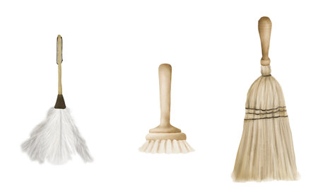 Set of brushes with natural bristles and feather duster. Watercolor digital illustration. Household broom and feather broom isolated on white background. Cleaning tool for home, officeの写真素材