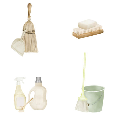 Mop with dustpan and empty plastic bucket, bottle of detergent and broom. Watercolor digital illustration. Set of household tools for cleaning garbage in the house isolated on white background.の写真素材