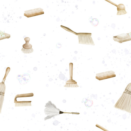Brushes with natural bristles, soap and feather duster. Seamless pattern. Watercolor digital illustration. House cleaning tools and soap foam isolated on white background.の写真素材