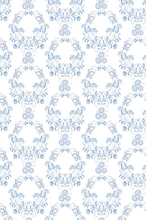 Blue flowers and leaves, floral wreath on seamless pattern. Ornament in Russian style isolated on white background. Watercolor digital illustration. Folk traditional Slavic floral motif.の写真素材