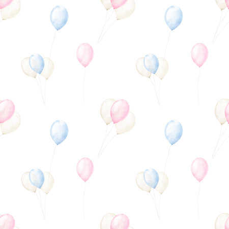 Light blue, pink and beige balloons. Watercolor digital illustration. Seamless pattern isolated on white background. For party theme, birthday, gender reveal partyの写真素材