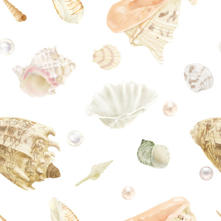 Strombus clam shells, cornuta cassis, and glittering pearls from the ocean's underwater world. Seamless pattern. Digital watercolor illustration. A long spiral seashell in beige tones, and pink murex.の写真素材