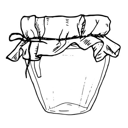 A glass jar tied with a napkin and a hemp rope. Black and white vector illustration. Drawing of a glass container, isolated on a white background. Ceramic tableware, sketch of kitchen utensils in inkのイラスト素材