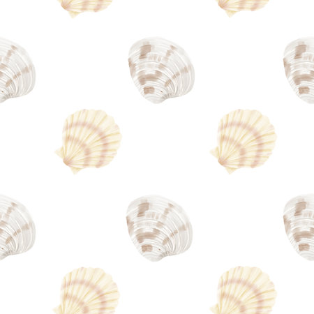 Scallop, beige shells from the ocean floor. Seamless pattern. Watercolor illustration. Fan-shaped shells of light brown shades, isolated on a white background. For marine style designの写真素材