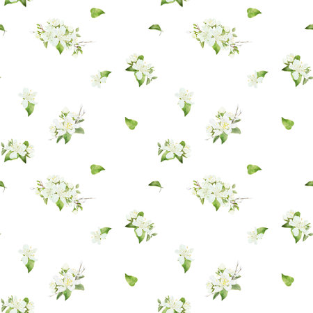 Delicate buds and white flowers on spring twigs. Watercolor illustration. Seamless pattern. Blooming bouquets and green leaves, isolated on a white background. For summer decor and Easterの写真素材
