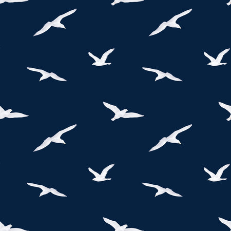Seagulls and albatrosses hover over the water. Seamless pattern. Watercolor illustration. A group of soaring seabirds highlighted on a dark background. For marine style decor.の写真素材