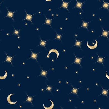 Crescent moons and yellow shining stars. Watercolor illustration. Seamless pattern. Celestial bodies are isolated on dark background. For kid's goods, clothes, textiles, postcards and children's roomの写真素材
