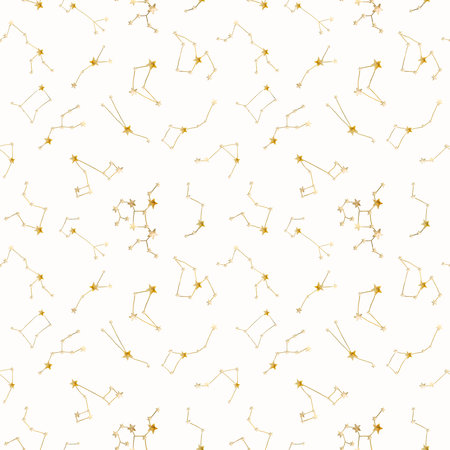 Star constellations in yellow shades. seamless pattern. Watercolor illustration. A number of zodiac constellations are isolated on a white background. The theme of magic, astrology and esotericismの写真素材