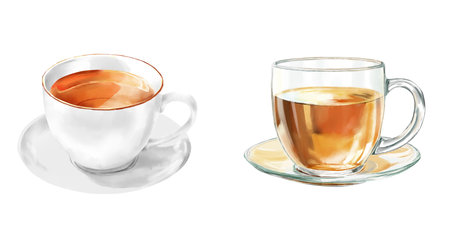 A cup of hot tea on saucer. Watercolor illustration. Tea set, porcelain and transparent glass mugs,insulated on white background. A theme for cafes, restaurants, menus, cooking, textiles and printing.の写真素材