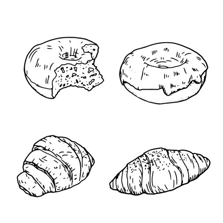 Delicious pastries, sweet rolls and croissants, donut with icing, a black and white ink sketch. Vector illustration. Set from bakery and pastry shop, isolated on a white background. The bitten donutのイラスト素材