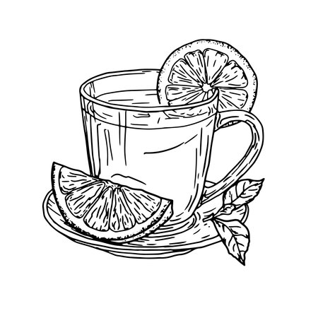 A glass of tea with lemon in a saucer. Vector illustration. A mug of tea with tea leaves, isolated on a white background. The theme of tea drinking, coffee shops, menus, cookbooks and recipesのイラスト素材