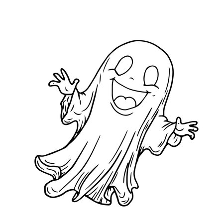 Funny ghost flying, black and white ink sketch. Vector illustration. A smiling ghost, isolated on a white background. Halloween theme, children's books, postcards, textiles and children's booksのイラスト素材