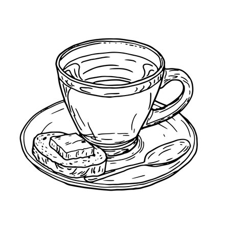 Porcelain coffee mug on a saucer and buttered sandwich, black and white ink sketch. Vector illustration. Mug of hot tea with mint leaves, isolated on white background. For menus, cookbooks, and cafesのイラスト素材