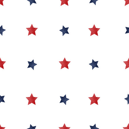 Blue and red stars. Digital watercolor illustration. Seamless pattern, isolated on a white background. Holiday theme, Independence Day, textiles, postcards and invitations.の写真素材