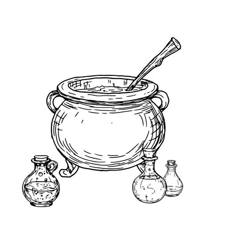 Glass vials with potions and witchs cauldron, black and white ink sketch. Vector illustration. Witchs magic bottles and cauldron are isolated on white background. Theme of witchcraft and Halloween.のイラスト素材