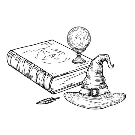 Grimoire and magic crystal ball, witchs hat, black and white ink sketch. Vector illustration. A mystical Halloween entourage, isolated on a white background. The theme of magic and witchcraftのイラスト素材