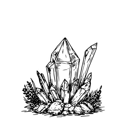 Magic crystal, black and white ink sketch. Vector illustration. Crystal for witchcraft rituals and spells, isolated on white background. Halloween, witchcraft and magic theme for books, cardsのイラスト素材